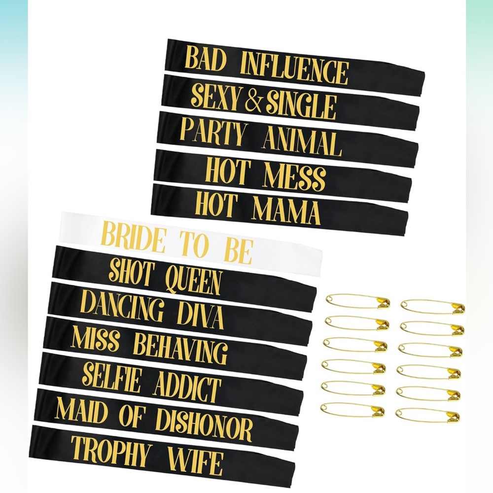 Black and White Party Sashes with Gold Text